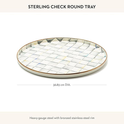 MACKENZIE-CHILDS Enamel Round Tray Unique Serving Platter for Food and Drinks, Gray-and-White Sterling Check