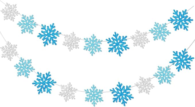2Pack Silver Blue Snowflake Garland Winter Wonderland Decorations, Glitter Snowflake Banner for Boy Frozen Birthday Party Decorations and Christmas Baby Shower Party Supplies, No DIY.