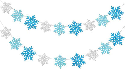 2Pack Silver Blue Snowflake Garland Winter Wonderland Decorations, Glitter Snowflake Banner for Boy Frozen Birthday Party Decorations and Christmas Baby Shower Party Supplies, No DIY.