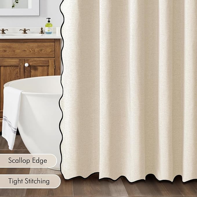 MIULEE 84" Long Scalloped Shower Curtain Linen Textured with 12 Metal Hooks Cute Extra Long Heavy Duty Washable Waterproof Cloth Curtains with Black Border for Bathroom Hotel Bathtub,Ivory