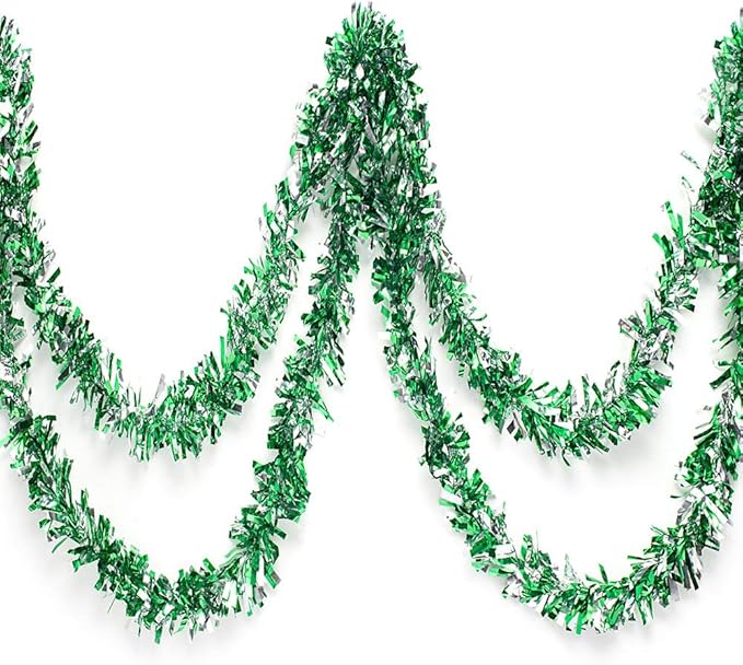 Anderson's Metallic Green & Silver Sparkle Glitter Tinsel Twist Garland, 25ft Holiday Decoration, Christmas Tree Trim, Parade Float Decor, Party Supplies, Graduation, Indoor/Outdoor Event Garland