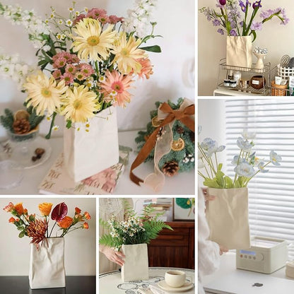 WENSHUO Crinkle Paper Bag Shape Ceramic Flower Vase, Large Capacity for Flower Arrangement, Bookshelf Decorative (Matte Crème)