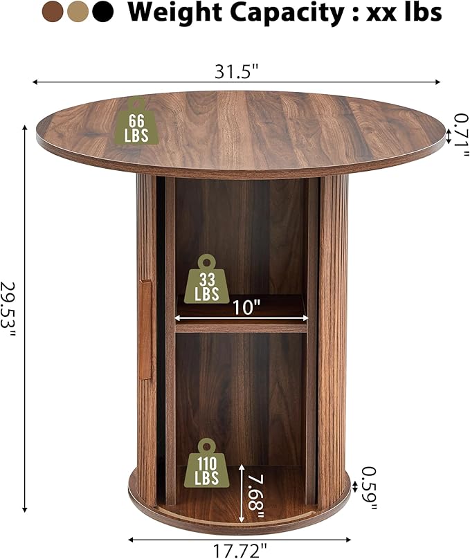 31.5" Round Dining Table for 2-4, Modern Farmhouse Kitchen Table with 2-Tier Storage Shelf, Small Wooden Circle Dining Tables with Fluted Base for Home Dining Room Living Room (Walnut)