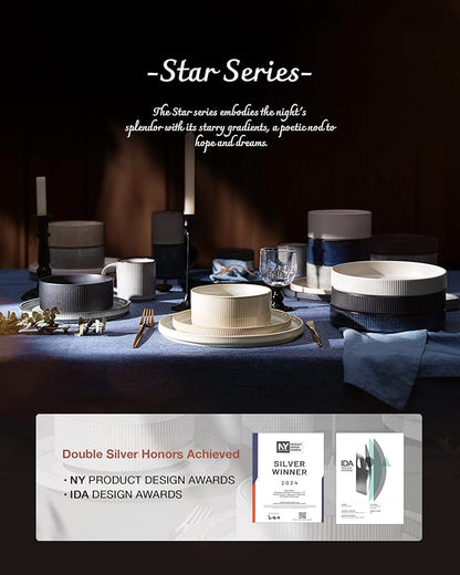 Famiware Star Plates and Bowls Sets, Modern Stoneware Dinnerware Sets for 8, 24-Piece Kitchen Dish Set - Microwave and Dishwasher Safe, Chip and Scratch Resistant, Nebulas Blue