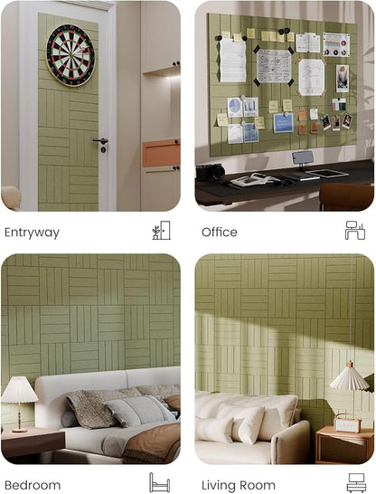 Bumusty Large Cork Board Alternative-47 x35 Felt Bulletin Board Tiles, with 30 Pushpins, 70 Adhesive Tabs, 12-Pack Slat Wall Paneling, Cork Boards for Office Push Pin Board Felt Board-Olive Green