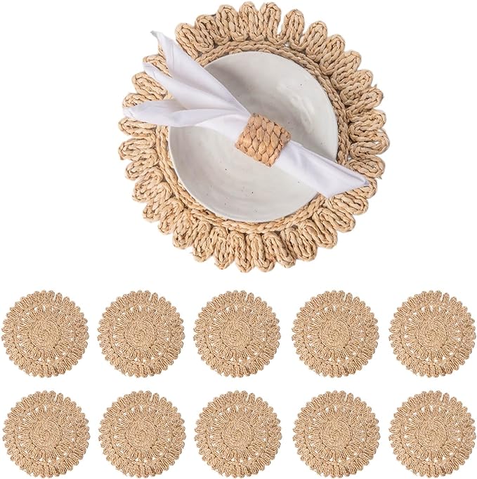13.8" Set of 10 Round Corn Husk Placemats | Boho Woven Rattan Table Mats | Farmhouse Wicker Spring Plate Chargers Like Water Hyacinth, Seagrass for Wedding, Party, Christmas, Events