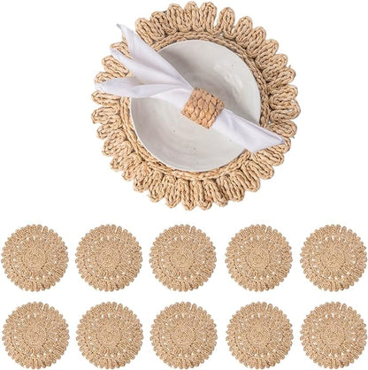 13.8" Set of 10 Round Corn Husk Placemats | Boho Woven Rattan Table Mats | Farmhouse Wicker Spring Plate Chargers Like Water Hyacinth, Seagrass for Wedding, Party, Christmas, Events