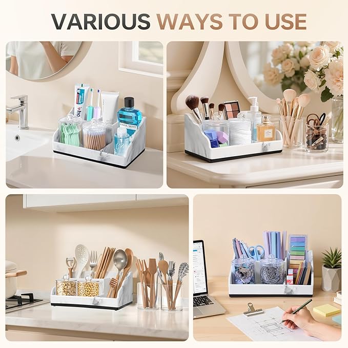 Marble Bathroom Countertop Organizer, Toothbrush Holders for Bathroom with 2PCS Qtip Holder Dispenser and Toothpaste Holder Drainage for Bathroom Accessories Organization Counter Vanity Storage
