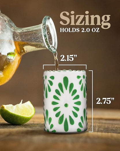 Talavera Shot Glasses 100% Handmade Ceramic Mexican Pottery Design Gifts for Women & Men for Any Occasion, GREEN