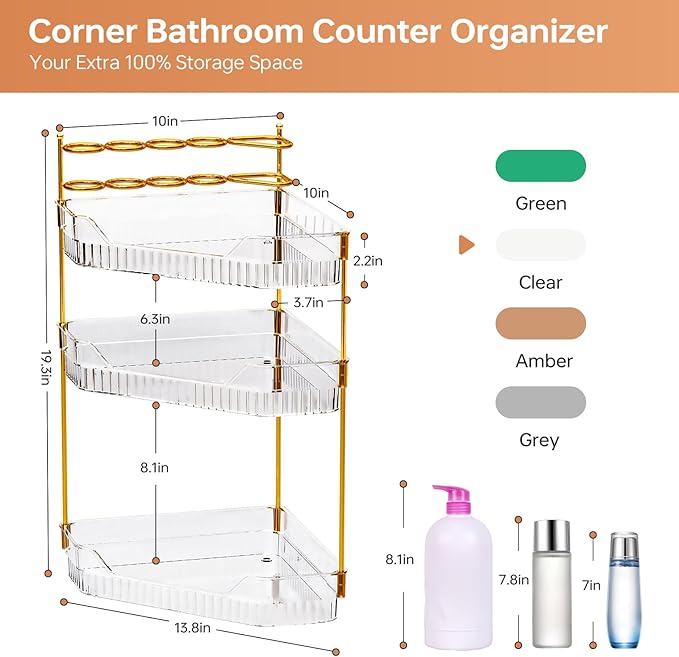 Corner Bathroom Counter Organizer with Makeup Brush Holder & Toothbrush Holders, Makeup Organizer for Vanity Countertop, Acrylic Skincare Storage Shelf (Clear, 3-Tier)