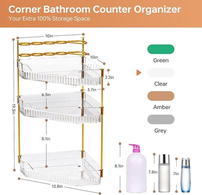 Corner Bathroom Counter Organizer with Makeup Brush Holder & Toothbrush Holders, Makeup Organizer for Vanity Countertop, Acrylic Skincare Storage Shelf (Clear, 3-Tier)