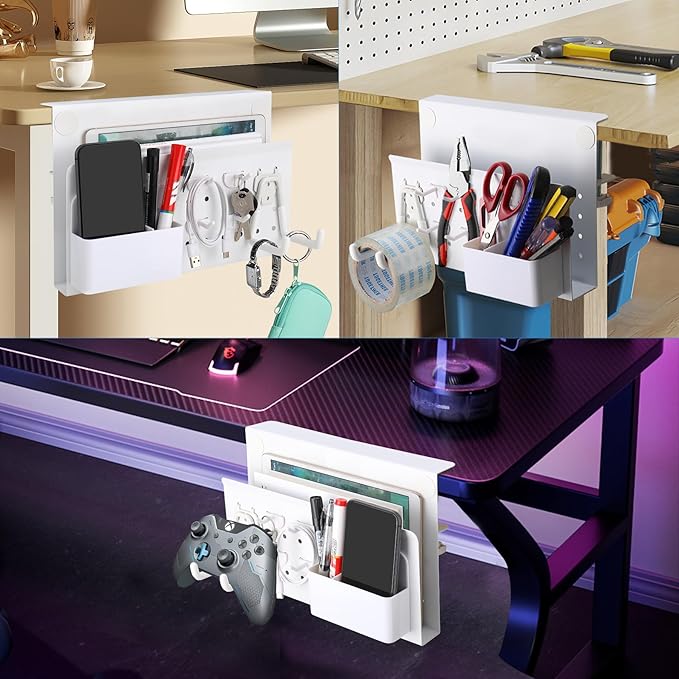 Desk Side Storage with Pen Holder & Hanging Hooks, No Drill Hanging Desk Organizer Under Desk Storage Mount, Clamp-On Laptop Holder Table Side for Office and Home (White)