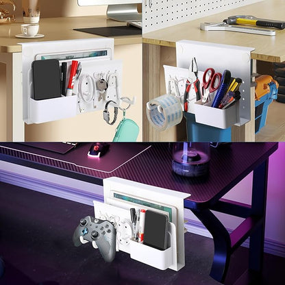 Desk Side Storage with Pen Holder & Hanging Hooks, No Drill Hanging Desk Organizer Under Desk Storage Mount, Clamp-On Laptop Holder Table Side for Office and Home (White)