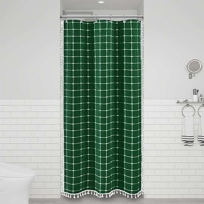 BTTN Boho Shower Stall Curtain - 36x72 Narrow Linen Ultra Thick Tassel Fabric Shower Curtain Set with 6 Plastic Hooks, Half Small Modern Farmhouse Country Shower Curtains for Bathroom, Emerald Green