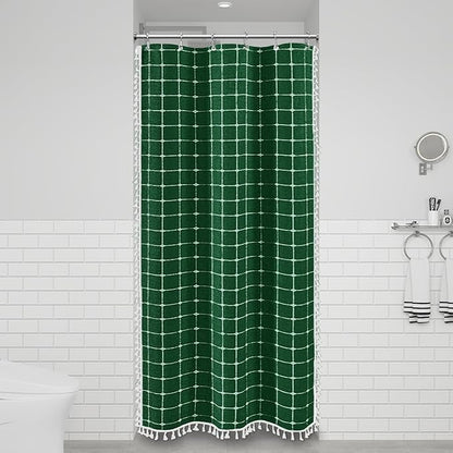 BTTN Boho Shower Stall Curtain - 36x72 Narrow Linen Ultra Thick Tassel Fabric Shower Curtain Set with 6 Plastic Hooks, Half Small Modern Farmhouse Country Shower Curtains for Bathroom, Emerald Green