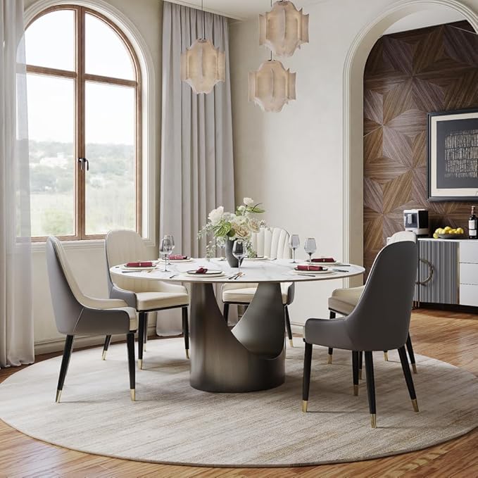 POVISON Round Dining Table, 59" Matte White Sintered Stone Top Dining Table with Gray Carbon Steel Pedestal, Modern Dining Room Table for Kitchen, Living Room (Table Only)