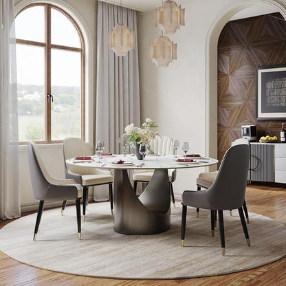 POVISON Round Dining Table, 59" Matte White Sintered Stone Top Dining Table with Gray Carbon Steel Pedestal, Modern Dining Room Table for Kitchen, Living Room (Table Only)