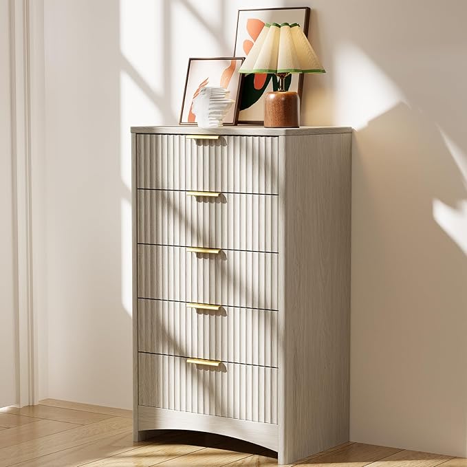 Pipishell Dresser for Bedroom, Fluted 5 Drawers Dresser, 40" Tall Modern Chest of Drawer with Round Edge & Pre-Installed Drawer Slides, Natural Wood Drawer Organizer for Bedroom, Hallway, Gray