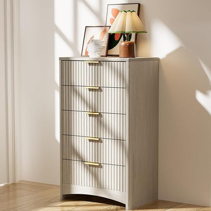Pipishell Dresser for Bedroom, Fluted 5 Drawers Dresser, 40" Tall Modern Chest of Drawer with Round Edge & Pre-Installed Drawer Slides, Natural Wood Drawer Organizer for Bedroom, Hallway, Gray