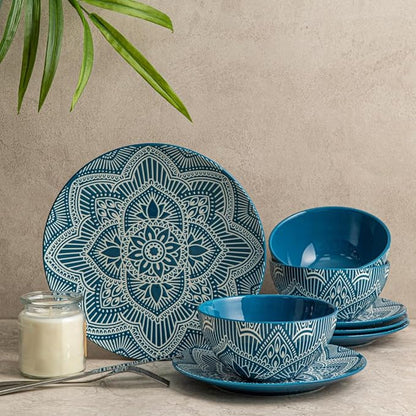 Bzyoo 12-Piece Ceramic Dinnerware Set: La La Mandala Blue Dish Set Design for Every Occasion - Microwave & Dishwasher Safe Stackable Plates Bowls