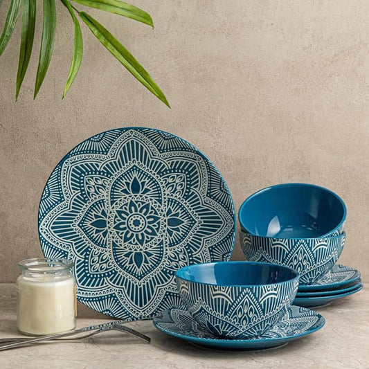 Bzyoo 12-Piece Ceramic Dinnerware Set: La La Mandala Blue Dish Set Design for Every Occasion - Microwave & Dishwasher Safe Stackable Plates Bowls
