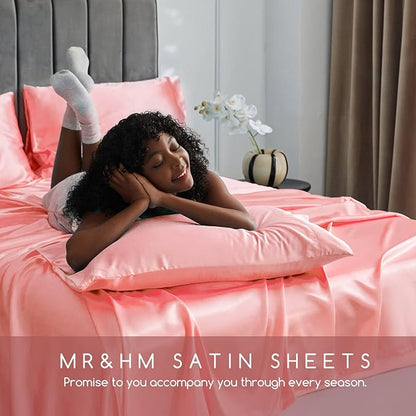 MR&HM Satin Bed Sheets, Full Size Sheets Set, 4 Pcs Silky Bedding Set with 15 Inches Deep Pocket for Mattress (Full, Blush)