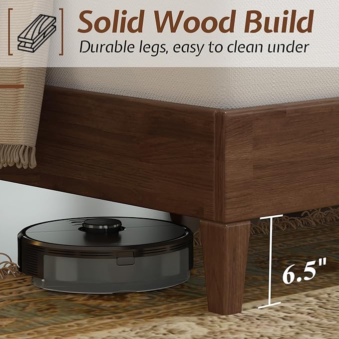 Jocisland Wood King Size Bed Frame,Tall Upholstered Tufted Headboard, Solid Wood Platform, No Box Spring Needed, Walnut