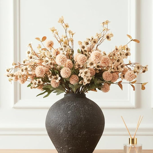 Beige Silk Flower Arrangements For Home Decor, Large Floral Centerpieces For Tables, Fake Mums + Eucalyptus + Wild Flowers in Bulk, Long Stem Artificial Flowers, Faux Mums Flowers