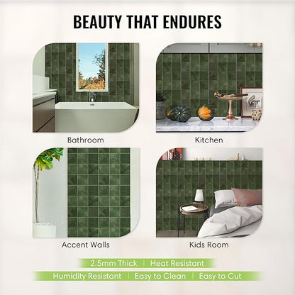 5 Pack Peel and Stick Backsplash Square Tiles, Extra Thick 3D Wall Panels, Heat & Water Resistant, Easy DIY Kitchen, Bathroom, Laundry, Fireplace & Rental Home Wall Décor (12 x 12 in), Green