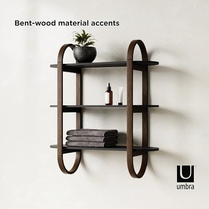 Umbra Bellwood Wall-Mount Book Shelf Display Case with Three Shelves, Black/Walnut