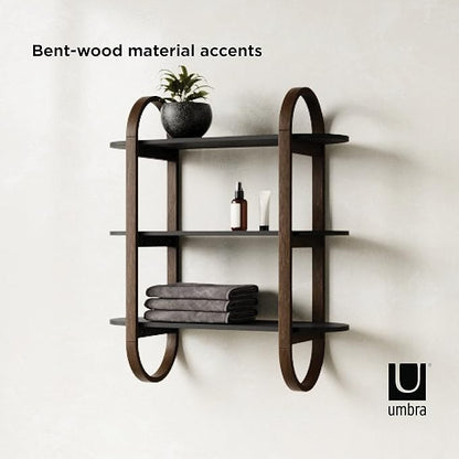 Umbra Bellwood Wall-Mount Book Shelf Display Case with Three Shelves, Black/Walnut