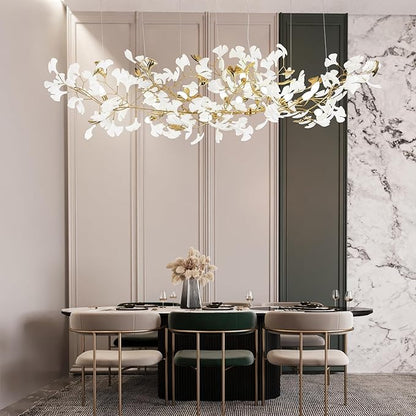 L79 Large Modern Chandelier, 16 Lights Gold Branch Chandeliers, Luxury Ceramic Ginkgo Ceiling Light Fixtures, Hanging Brass Chandelier for Dining Room Hotel Kitchen Island Living Room