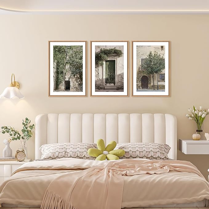 HOURIA Large Vintage Italy City Landscape Framed Canvas Wall Art Set,Green Olive Tree Old House Wall Decor,Malta Modern Minimalist Country Farmhouse Art Print for Living Room,Bedroom,Office- 24"x36"x3