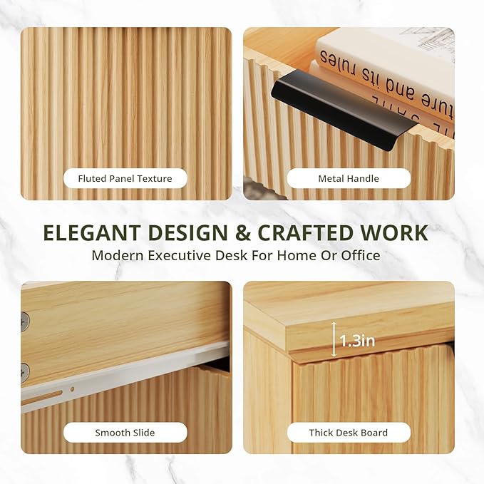 FURSUN 58" Fluted Modern Desk with Storage, Home Office Desk with 1 File Cabinet & 5 Drawers, Wood Executive Computer Writing Desk for Study, Living Room, Bedroom, Natural Oak