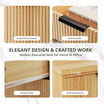 FURSUN 58" Fluted Modern Desk with Storage, Home Office Desk with 1 File Cabinet & 5 Drawers, Wood Executive Computer Writing Desk for Study, Living Room, Bedroom, Natural Oak