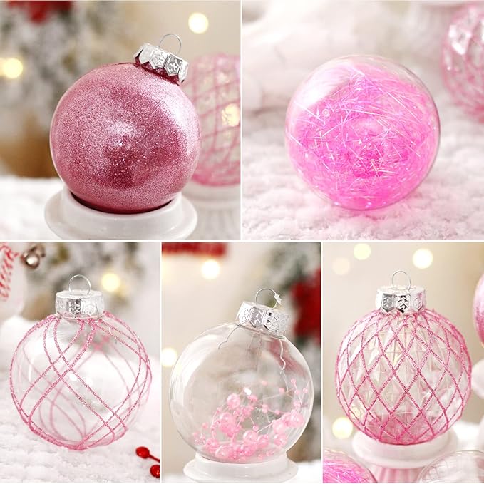 BSTDECOR Christmas Ball Ornaments Set, 20ct Large Clear Pink Shatterproof 80mm/3.15" Hanging Decorative Baubles for Christmas Tree Decoration