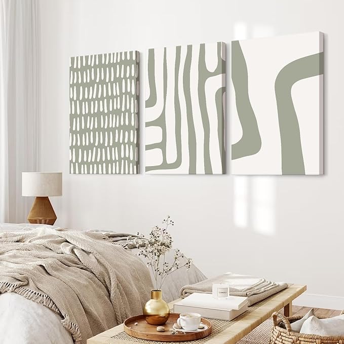 Minimalist Neutral Wall Art Decor Sage Green Boho Canvas Poster Abstract Modern Painting Wall Art Mid Century Beige Pictures Prints Gallery Line Wall Art for Bedroom 16x24 Inch Wrapped Canvas Set of 3