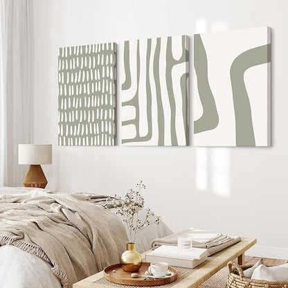 Minimalist Neutral Wall Art Decor Sage Green Boho Canvas Poster Abstract Modern Painting Wall Art Mid Century Beige Pictures Prints Gallery Line Wall Art for Bedroom 16x24 Inch Wrapped Canvas Set of 3