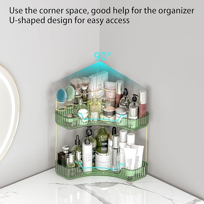 2 Tier Corner Bathroom Organizer Countertop, Vanity Makeup Organizer with Brush Holder, Space-Saving Skincare Storage Corner Shelf for Bathroom, Kitchen