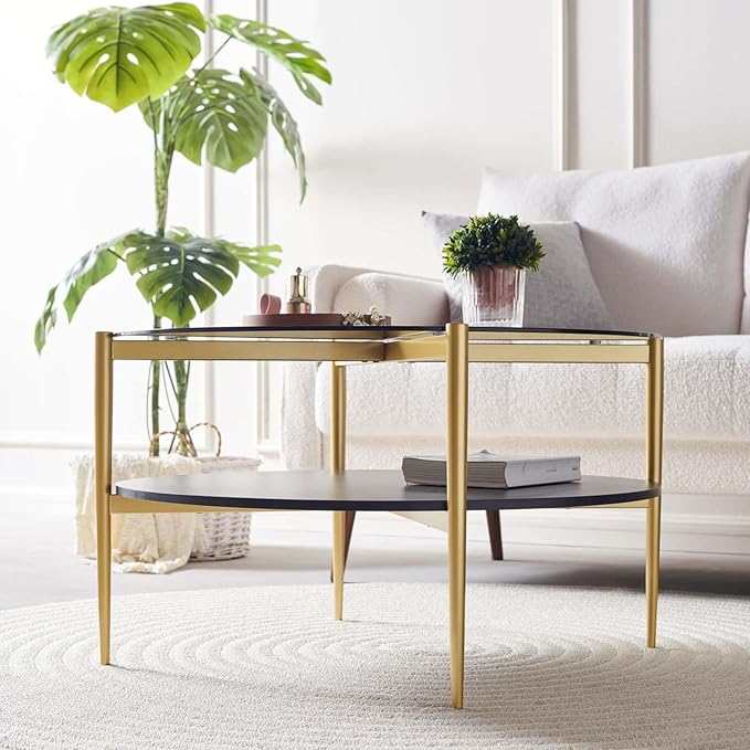 Round Coffee Table for Living Room, Mid-Century Modern Design, D30 x H17, 2-Tier Structure, Grey Glass Top and Black Marble Finish Wood Shelf, Sleek Conical Metal Legs with Gold Finish Frame
