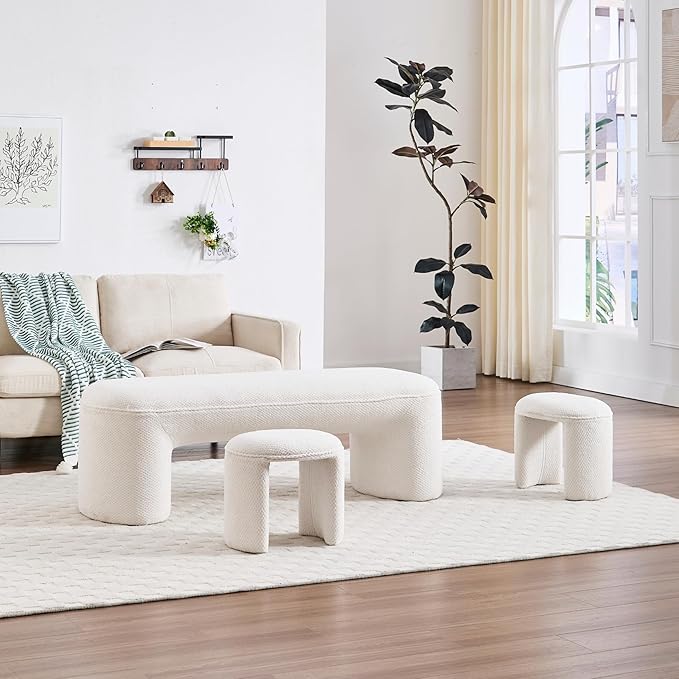 3-Piece Nesting Upholstered Bench with 2 Stools, 53" Chenille Accent Chair Waterfall Bench Modern End of Bed Entryway Bench Bedroom Bench for Living Room Vanity, White, No Need to Install