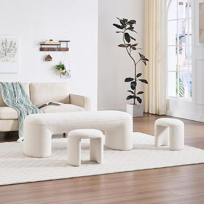 3-Piece Nesting Upholstered Bench with 2 Stools, 53" Chenille Accent Chair Waterfall Bench Modern End of Bed Entryway Bench Bedroom Bench for Living Room Vanity, White, No Need to Install