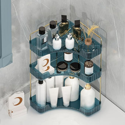 Corner Bathroom Counter Organizer Bathroom Countertop Shelf Makeup Organizer for Vanity Perfume Corner Storage (3 Tiers, Blue)