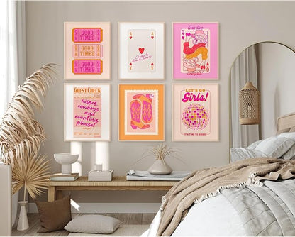 Hot Pink Wall Art Decor Trendy Aesthetic Pictures Preppy Funky Wall Art Poker Retro Poster Orange Vintage Canvas Hot Pink Artwork Western Prints Cowgirl Painting Dorm Room 12x16 Inch Unframed Set of 6