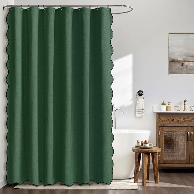 MIULEE Christmas Dark Green Scalloped Shower Curtain Linen Textured with 12 Metal Hooks Cute Heavy Duty Washable Waterproof Thick Cloth Shower Curtains with Black Border for Bathroom Hotel,W72*L72