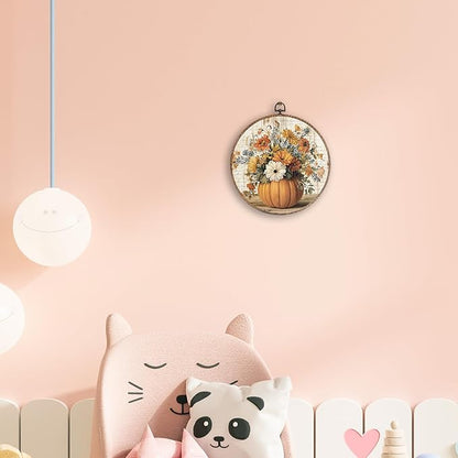 Hxlac Vintage Fall Pumpkin Floral Round Wall Art Framed, Farmhouse Fall Round Wall Decor, Vintage Flower Halloween Pumpkin Hanging Canvas Prints Wall Sculptures for Home Room Decor, 10x10 Inch