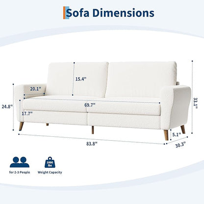 GarveeHome 84" Sofa Couch, Large Loveseat Sofa with Wide Armrests, Deep Seats & Wood Feet, 3 Seater Modern Boucle Sofa, Comfy Couches for Living Room Bathroom Small Spaces, White