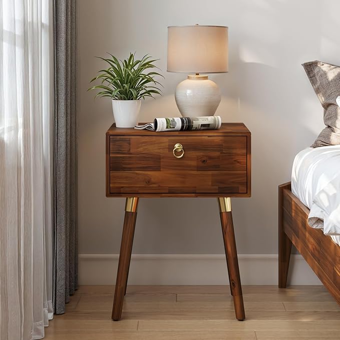 Bme Alden Solid Wood Bedside Table End Table with 1 Drawer for Mid Century Bedroom and Living Room, Dark Chocolate