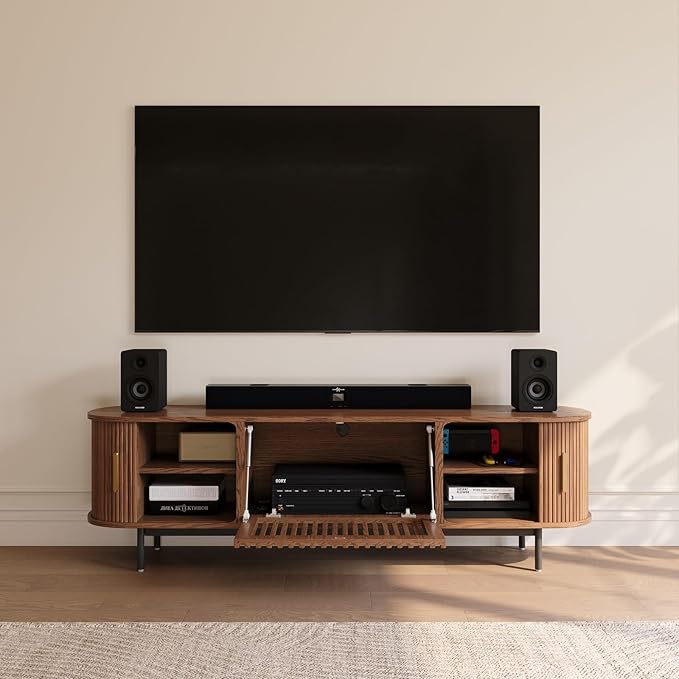 POVISON Mid Century Modern TV Stand for 65 inch TV, Sliding Door Entertainment Center with Storage, Wood TV Console, Media Console for Living Room Bedroom, Fully-Assembled (Walnut, 70.87")