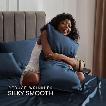 MR&HM Satin Bed Sheets with Elastic Corner Straps, King Size Sheets Set, 4 Pcs Silky Bedding Set with 15 Inches Deep Pocket for Mattress (King, Mood Indigo)